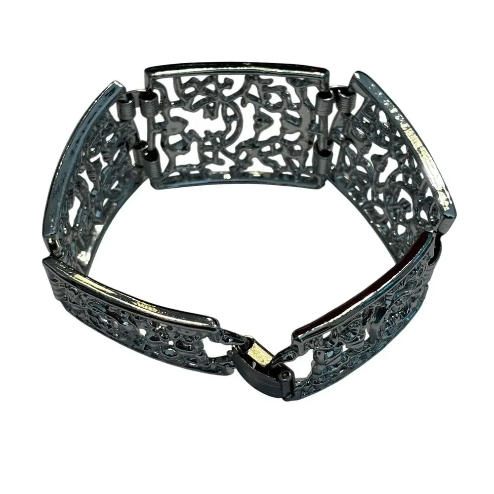 Vintage silver tone filigree chain bracelet hallmarked SAC tapered panel links